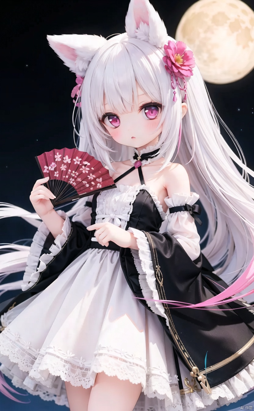 (cowboy shot,very long hair:1),4349,1girl, solo, animal_ears, hand_fan, rabbit_ears, long_hair, holding, flower, dress, moon, detached_sleeves, white_hair, hair_flower, holding_fan, looking_at_viewer, full_moon, white_dress, hair_ornament, multicolored_hair, bare_shoulders, very_long_hair, wide_sleeves, bangs, long_sleeves, folding_fan, pink_hair, blush, pink_eyes