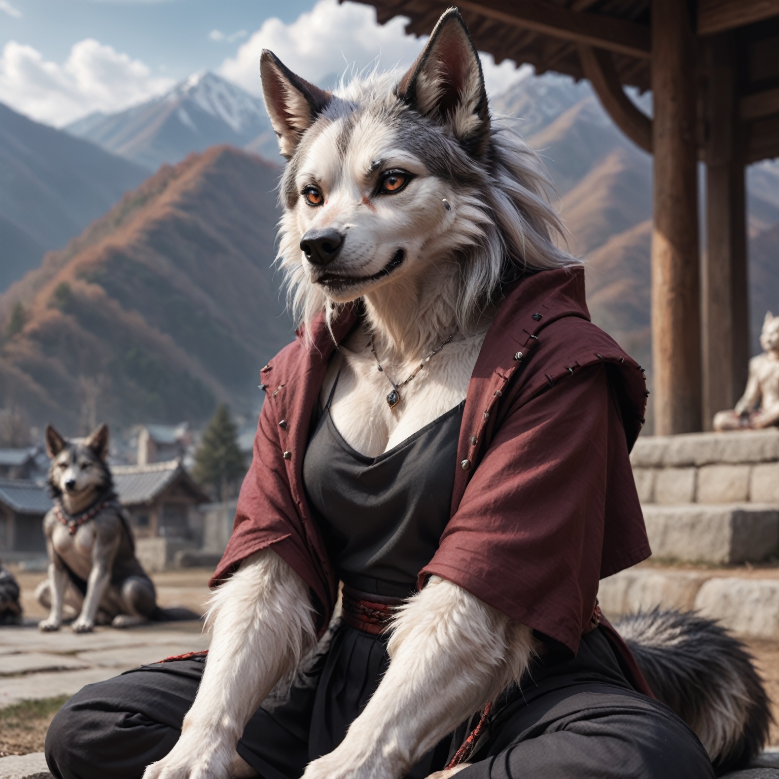 Detailed Closeup photo of Loona Hellhound detailed realistic fur,  sitting in meditation outside,  wearing tibetion monk c...
