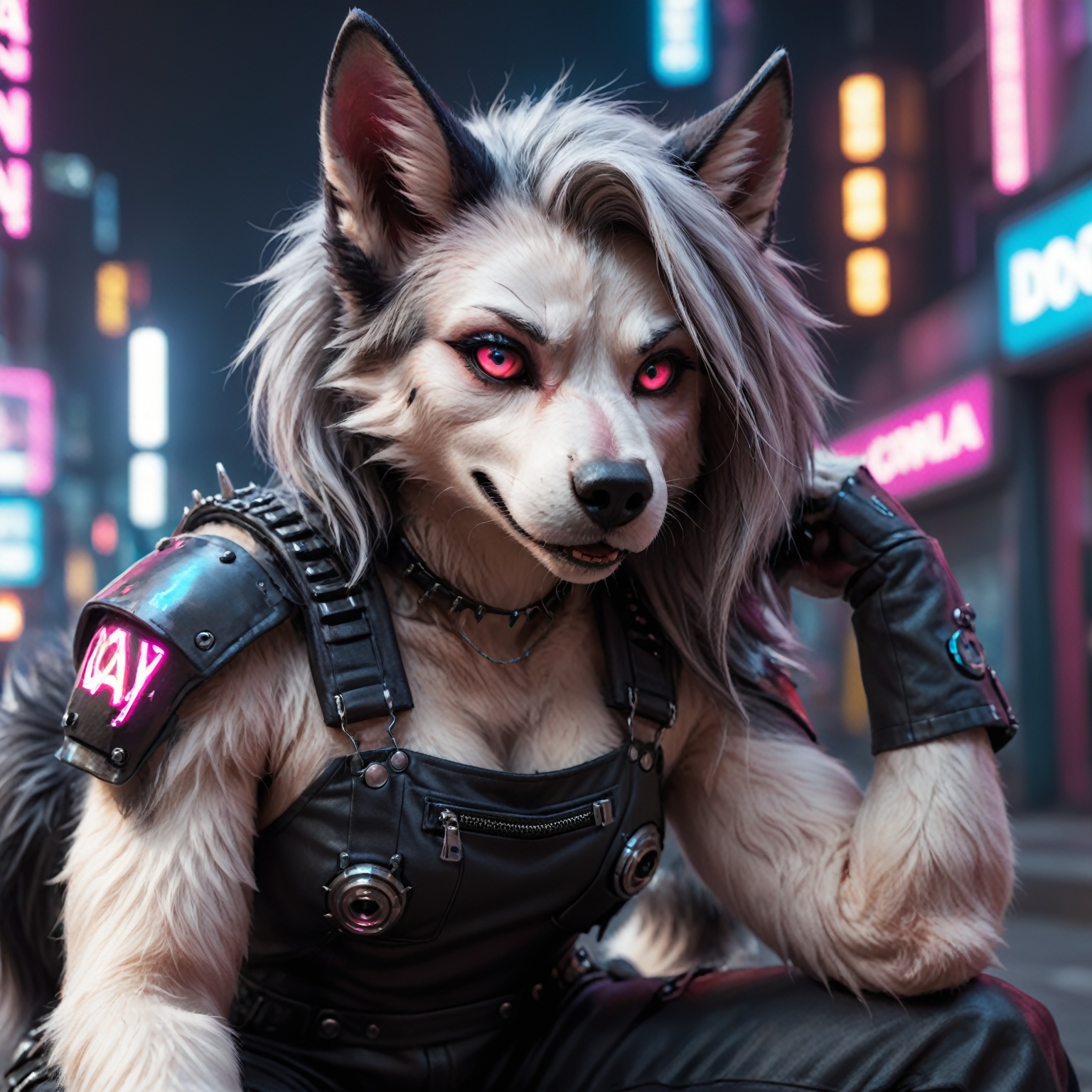Detailed Closeup photo of Loona Hellhound detailed realistic fur,  sitting in nightcity,  wearing a cyberpunk overall on T...