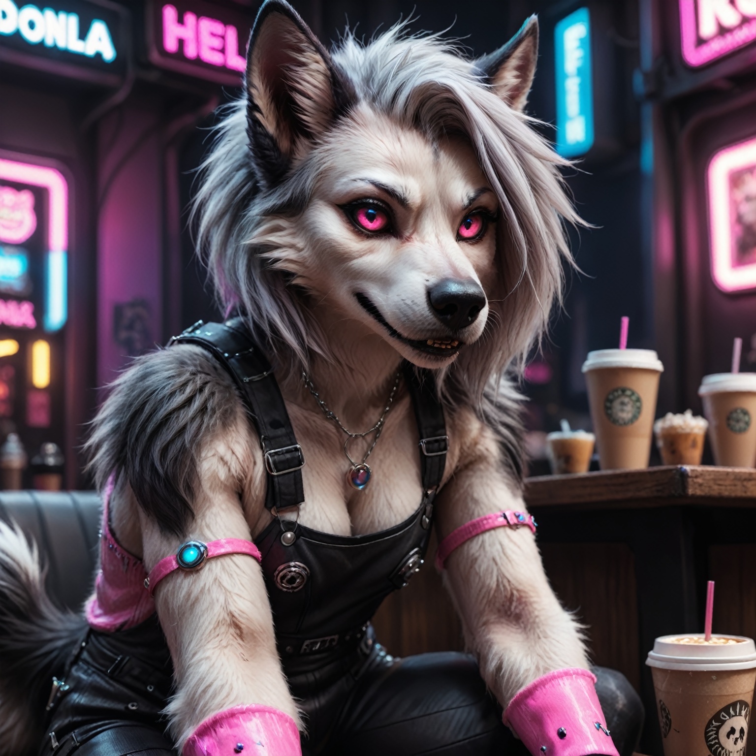 Detailed Closeup photo of Loona Hellhound detailed realistic fur,  sitting in a cyberpunk Coffe in nightcity,  wearing a c...