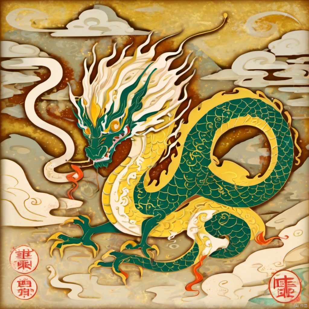  a eastern dragon with long snake body ,golden line,mix