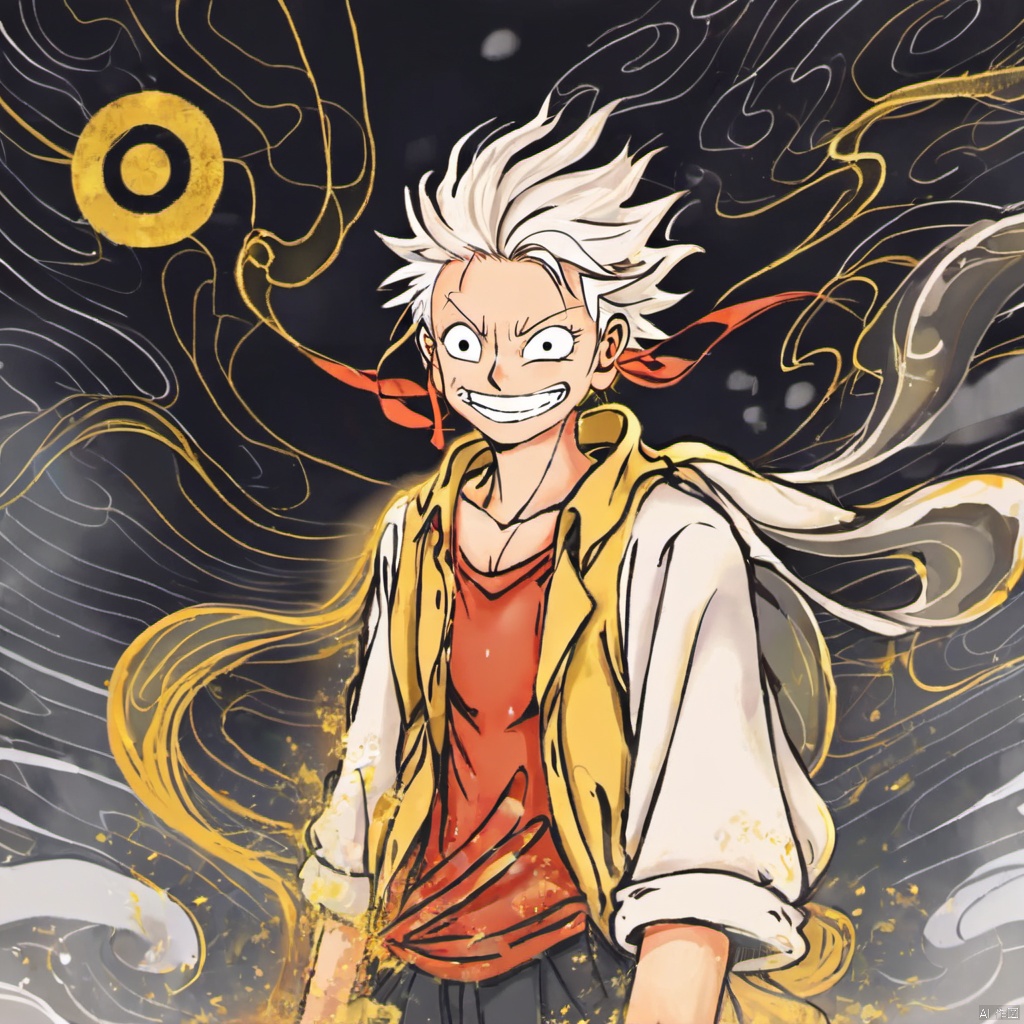  Luffy,,golden line,halo, white hair like cloud,laugh,hair fluttering in the wind
