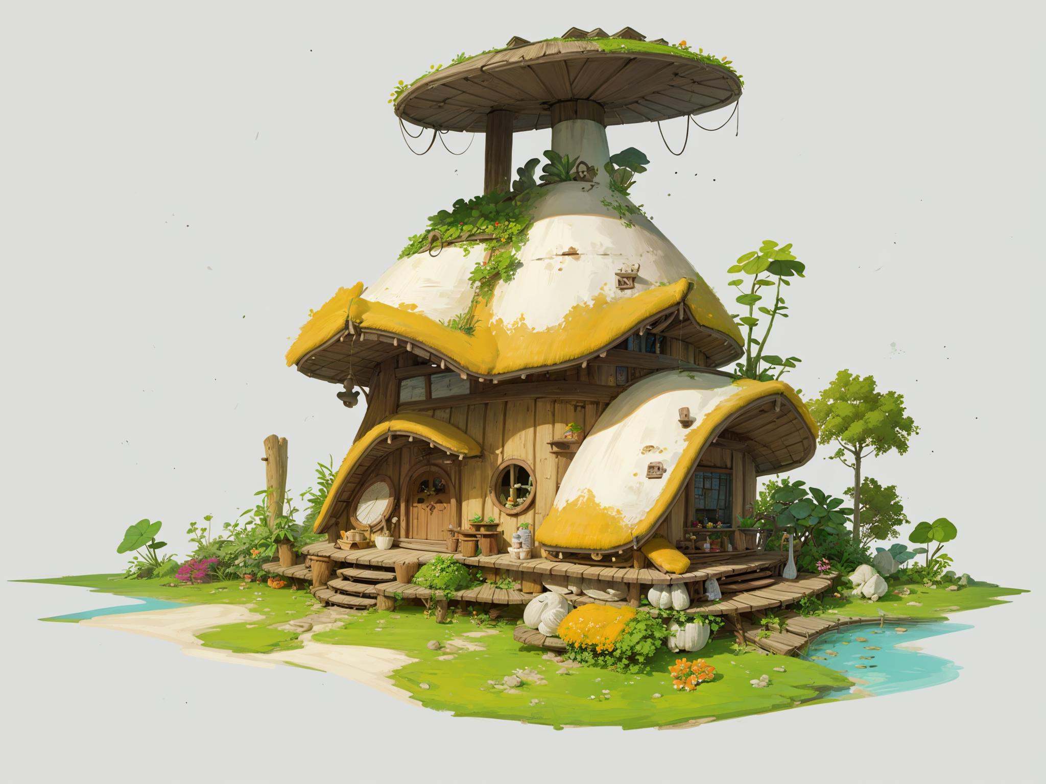 HEZI,Game single building scene,best quality,highly detailed,masterpiece,ultra-detailed,illustration,yishuhui,architecture,no_humans,solo,flower,food,grey_background,water,grass,plate,fish,watercraft,mushroom,boat,<lora:盒子系列——欧美单体概念场景:0.6>,