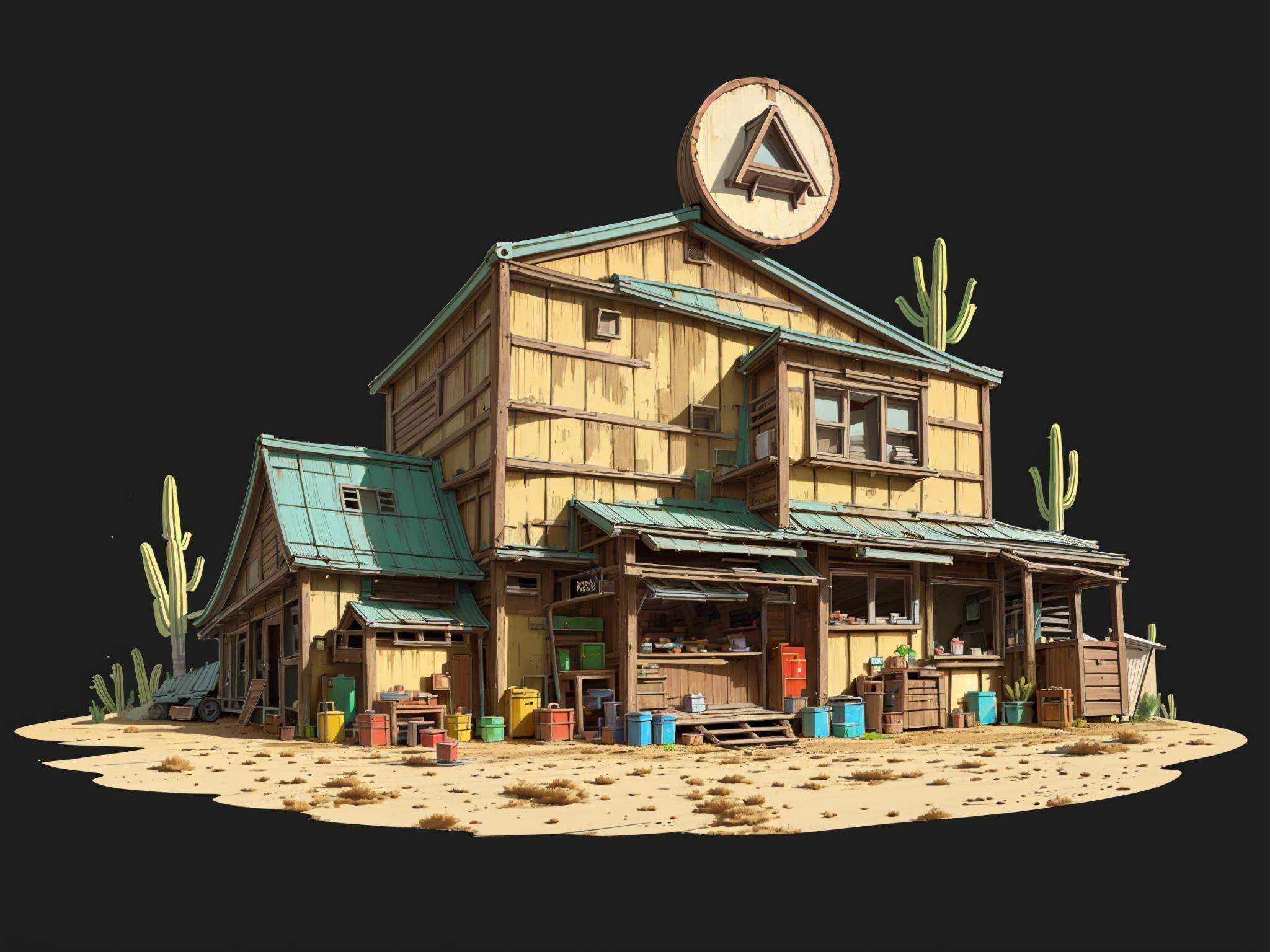 HEZI, Game single building scene, no humans, sign, scenery, cactus, crate, plant, grey background, sand, simple background, desert, road sign, barrel, building, outdoors, rock, drum \(container\), door, tire, window, stairs, potted plant, railroad tracks, ruins, chair, day, house, wood, ground vehicle, shadow, black background, shop, road, beach,<lora:盒子系列——欧美单体概念场景:0.6>,