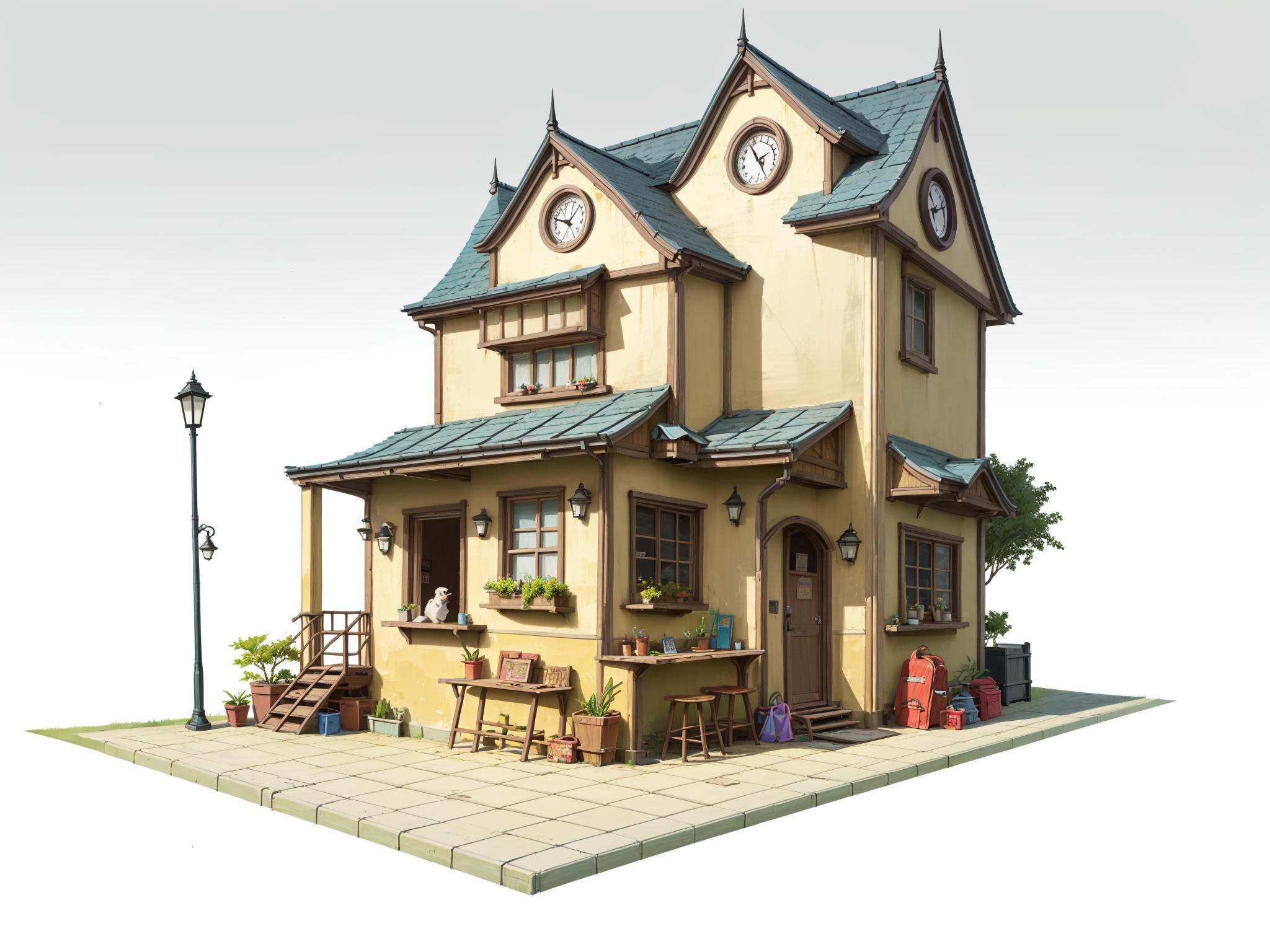 HEZI,Game single building scene,dog,potted plant,scenery,ground vehicle,stairs,table,plant,bird,clock,chair,balloon,cat,bicycle,sign,1boy,door,flower,bottle,window,animal,railing,coat,blonde hair,holding,road,solo,lamp,book,boots,standing,outdoors,1girl,cup,stool,white background,ladder,flower pot,bench,vase,street,pavement,shadow,food,motor vehicle,shop,hood,air conditioner,simple background,basket,building,red coat,bag,cafe,pants,umbrella,wide shot,plate,brown footwear,duck,short hair,owl,house,walking,male focus,cage,lamppost,<lora:盒子系列——欧美单体概念场景:0.6>,