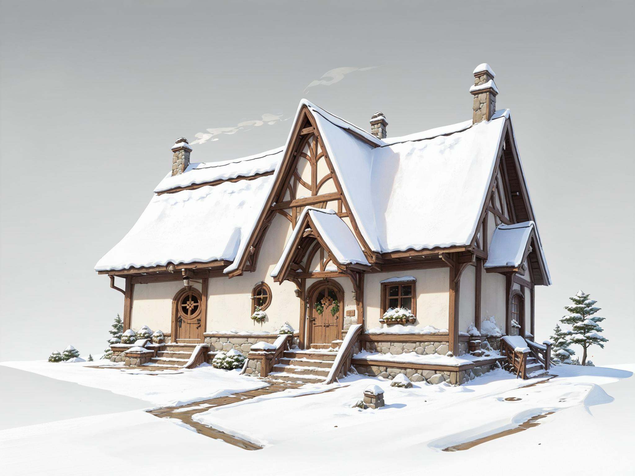 HEZI,Game single building scene,snow,scenery,outdoors,tree,no humans,1girl,solo,winter,gradient,house,grey background,stairs,flower,gradient background,lying,rock,weapon,building,wide shot,simple background,architecture,mountain,statue,window,smoke,plant,white background,ice,snowing,coat,door,sword,grass,hat,<lora:盒子系列——欧美单体概念场景:0.6>,