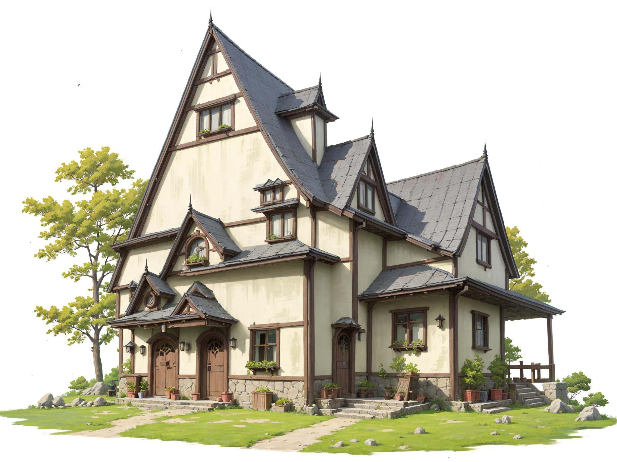 HEZI,Game single building scene,Best quality,high detail,masterpiece,super detail,illustration,a painting,pink architecture,no people,solo,hat,white background,outdoors,trees,Windows,grass,scenery,lanterns,rocks,stairs,fences,buildings,houses,doors,izayoi_sakuya,hong_meiling,<lora:盒子系列——欧美单体概念场景:0.6>,