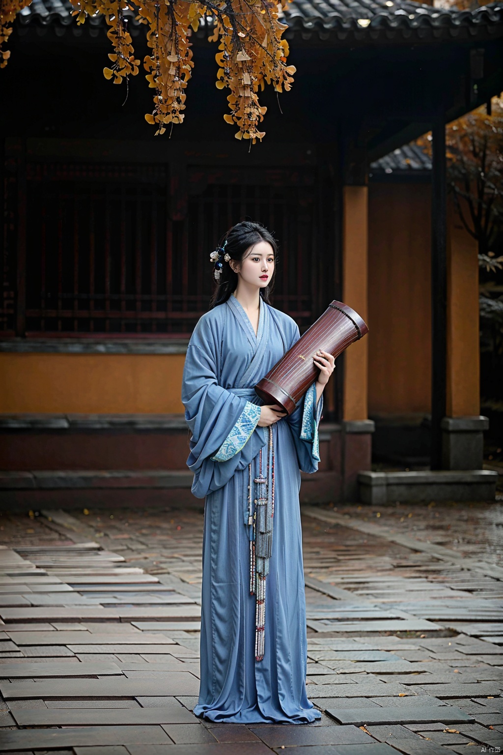 (1girl:1.3), (best quality, masterpiece, ultra high resolution),(photorealistic:1.3), (realistic:1.3), depth of field,(full body:1.2), (outdoors:1.2), (day:1.2), (cinematic lighting:1.2), (near to face:1.5), facing to camera, realism, fullbody, hanfu, (mug shot: 1.3), (Holding a musical instrument: 1.3)