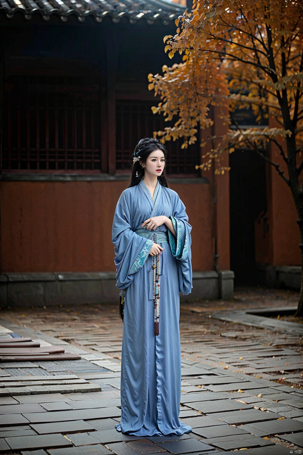 (1girl:1.3), (best quality, masterpiece, ultra high resolution),(photorealistic:1.3), (realistic:1.3), depth of field,(full body:1.2), (outdoors:1.2), (day:1.2), (cinematic lighting:1.2), (near to face:1.5), facing to camera, realism, fullbody, hanfu, (mug shot: 1.3), guqin
