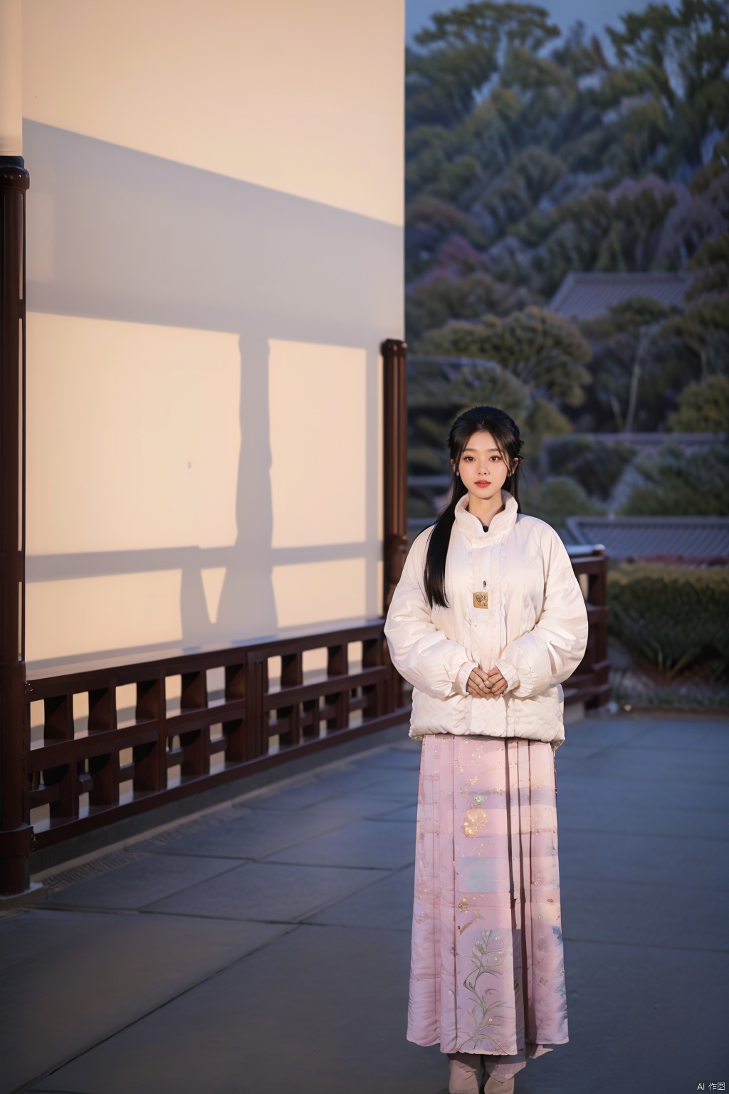 (1girl:1.3), (best quality, masterpiece, ultra high resolution),(photorealistic:1.3), (realistic:1.3), depth of field,(full body:1.2), (outdoors:1.2), (day:1.2), (cinematic lighting:1.2), (near to face:1.5), facing to camera, realism, fullbody, hanfu, (mug shot: 1.3), short puffer jacket, pink skirt