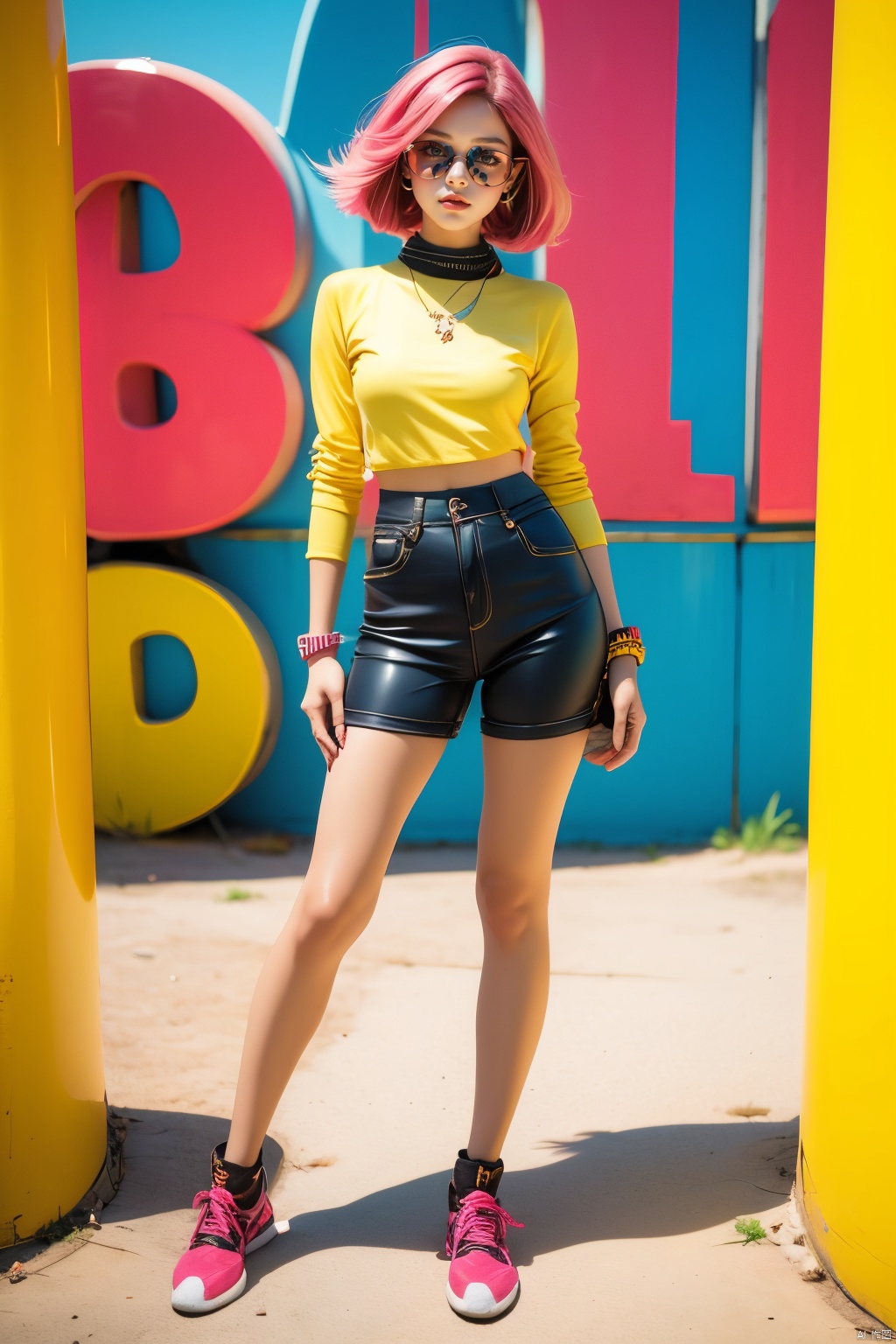 A fashionable young girl taking photos in the sunny weather, wearing trendy clothes, with a background of Memphis-style photography elements, featuring bright colors and artistic vibes. High-definition photo of a trendy girl in vibrant Memphis-style setting under the sun, full of lively colors and youthful energy.