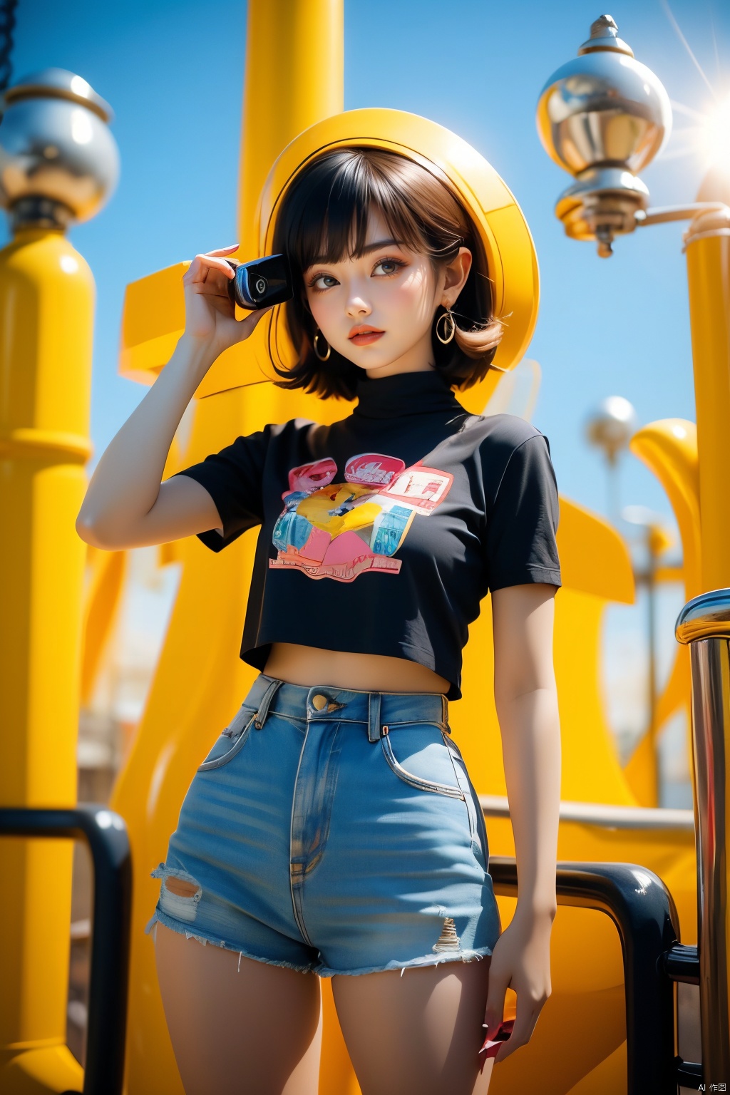 A fashionable young girl taking photos in the sunny weather, wearing trendy clothes, with a background of Memphis-style photography elements, featuring bright colors and artistic vibes. High-definition photo of a trendy girl in vibrant Memphis-style setting under the sun, full of lively colors and youthful energy., (\meng ze\)