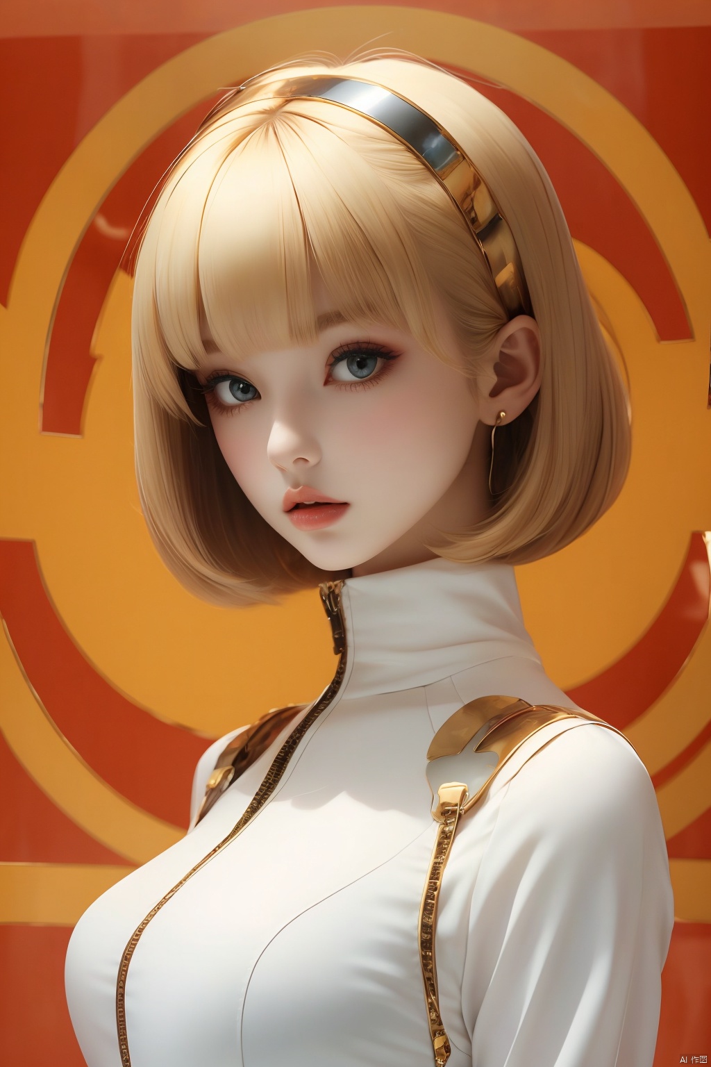 1girl, solo, looking at viewer, short hair, bangs, blonde hair, upper body, parted lips, blunt bangs, lips, realistic