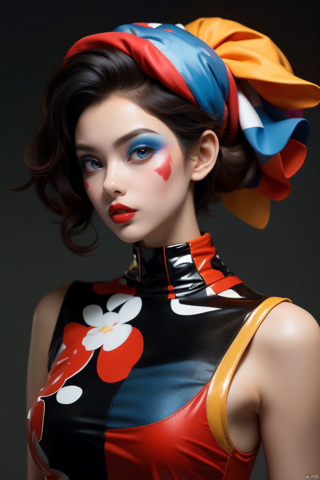  1girl, solo, looking at viewer, blue eyes, hat, upper body, lips, makeup, colored skin, facial mark, lipstick, multicolored clothes, red lips, facepaint, jester cap, colorful, multicolored headwear, clown, Light master, xiqing