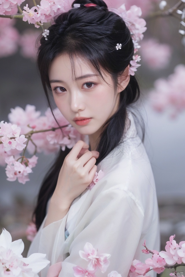 best quality, masterpiece, ultra high res.1girl,pure color background, snowing,with plum blossoms next to her