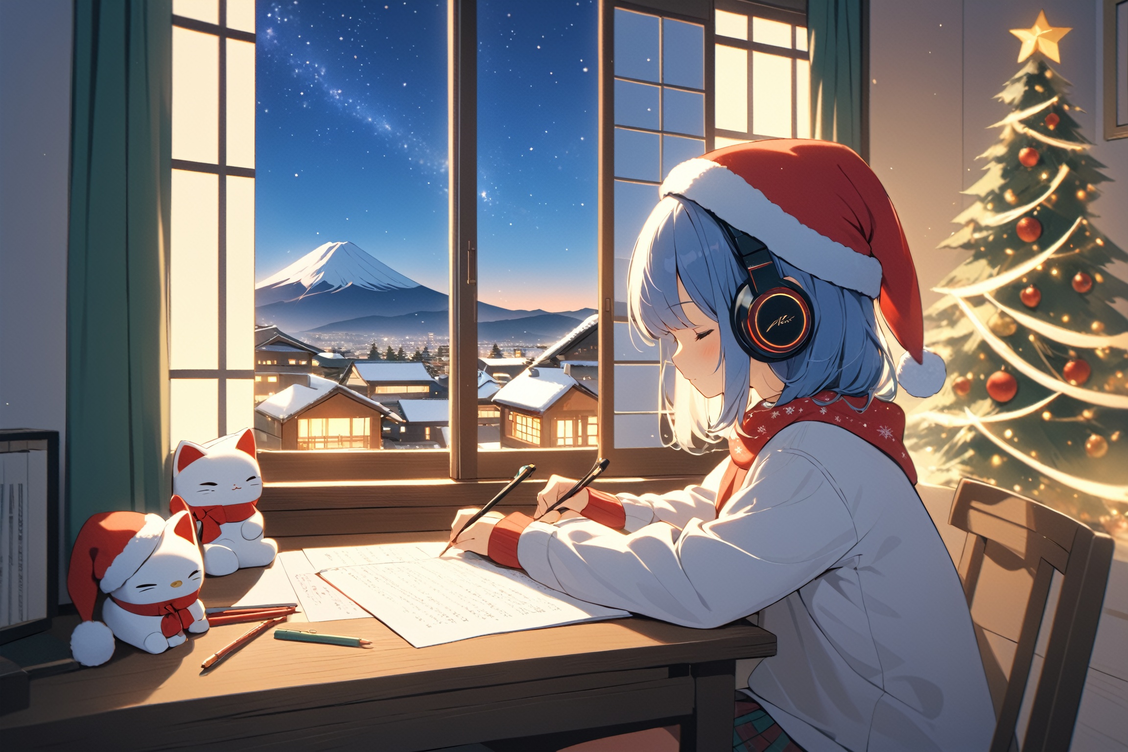 An illustration of a LOFI girl in a Christmas atmosphere,  studying by a window in the early morning,  in a style that can...