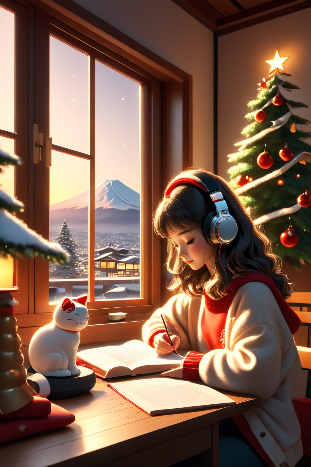 An illustration of a LOFI girl in a Christmas atmosphere,  studying by a window in the early morning,  in a style that can...