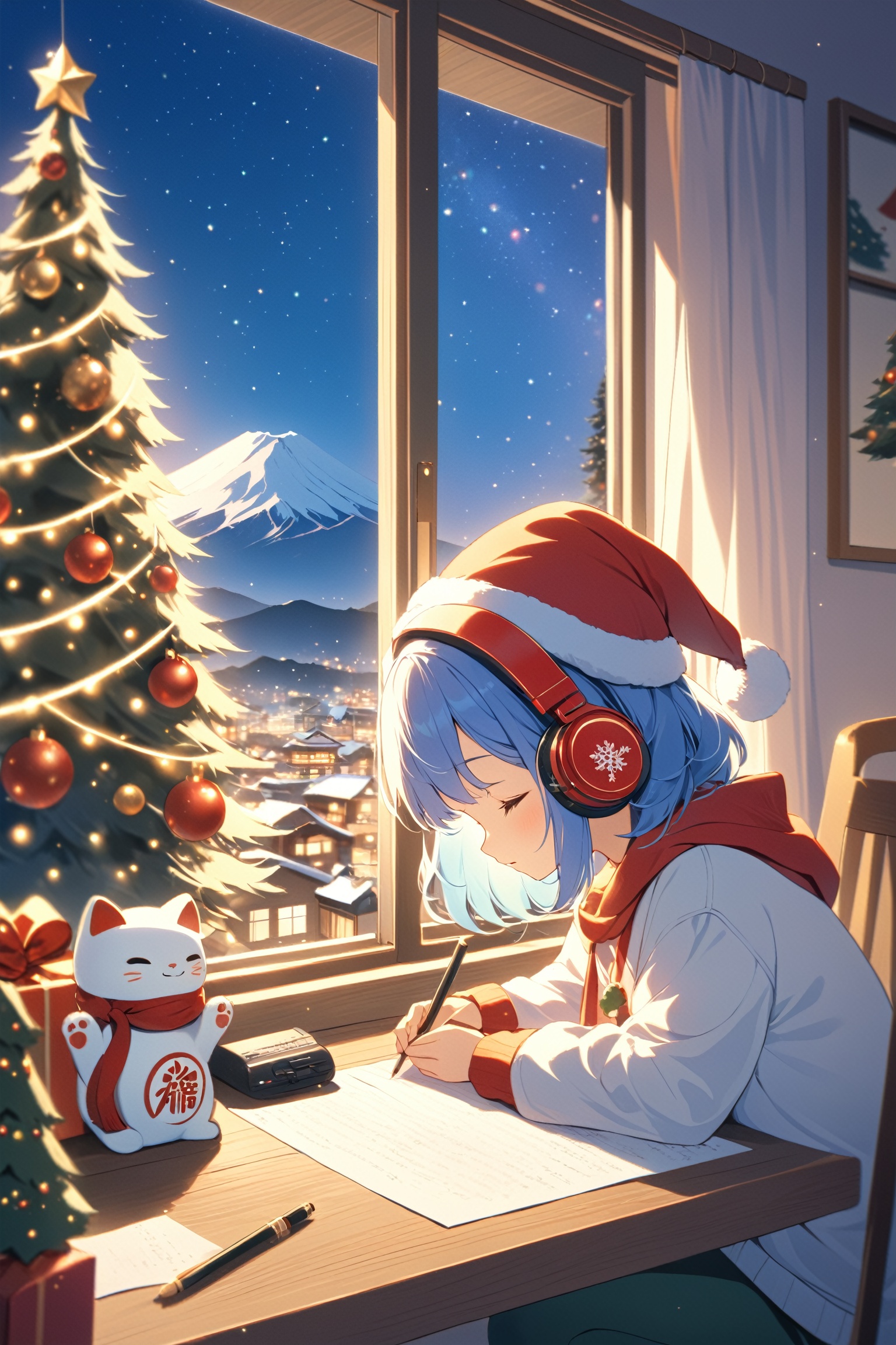 An illustration of a LOFI girl in a Christmas atmosphere,  studying by a window in the early morning,  in a style that can...