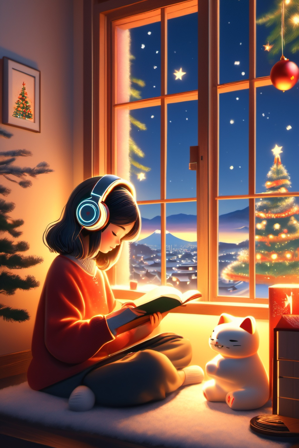 An illustration of a LOFI girl in a Christmas atmosphere,  studying by a window in the early morning,  in a style that can...
