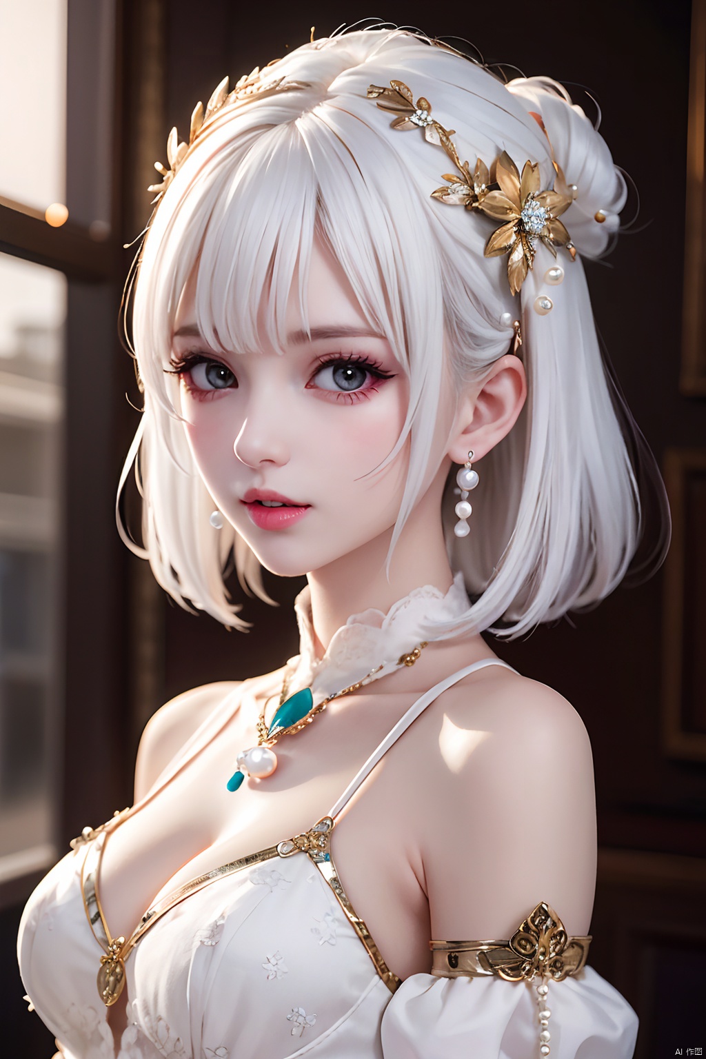 1girl, white hair,  hair ornament,  mature female,  shell, pearl, looking at viewer,  jewelry, detailed face, medium breasts