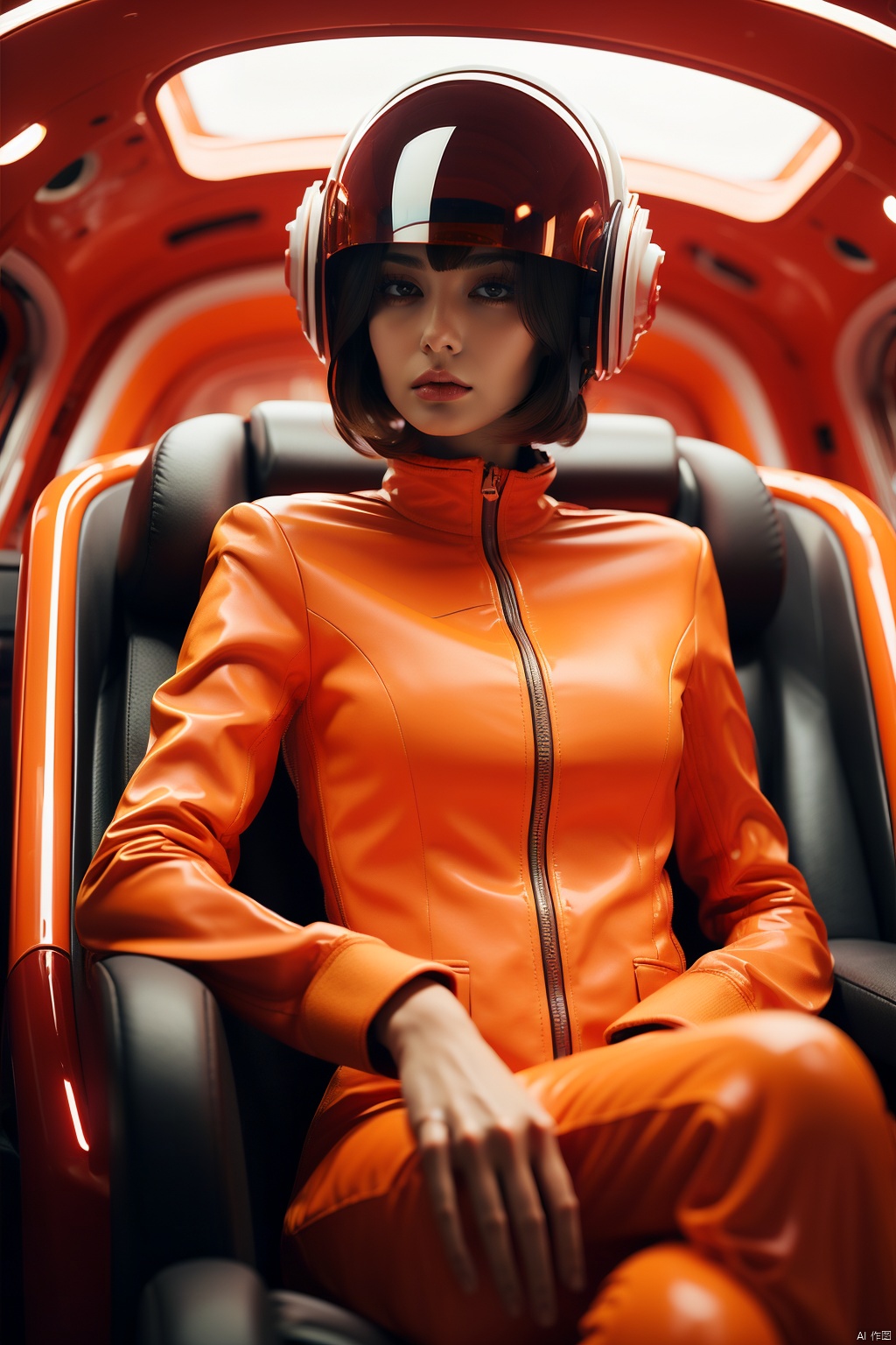 A Chinese girl with black hair, weilaishi, glass,  Short hair, helmet, sit, low angle, Orange Theme, Soft lighting,  Detail,<lora:EMS-252619-EMS:0.700000>,<lora:EMS-5907-EMS:0.400000>