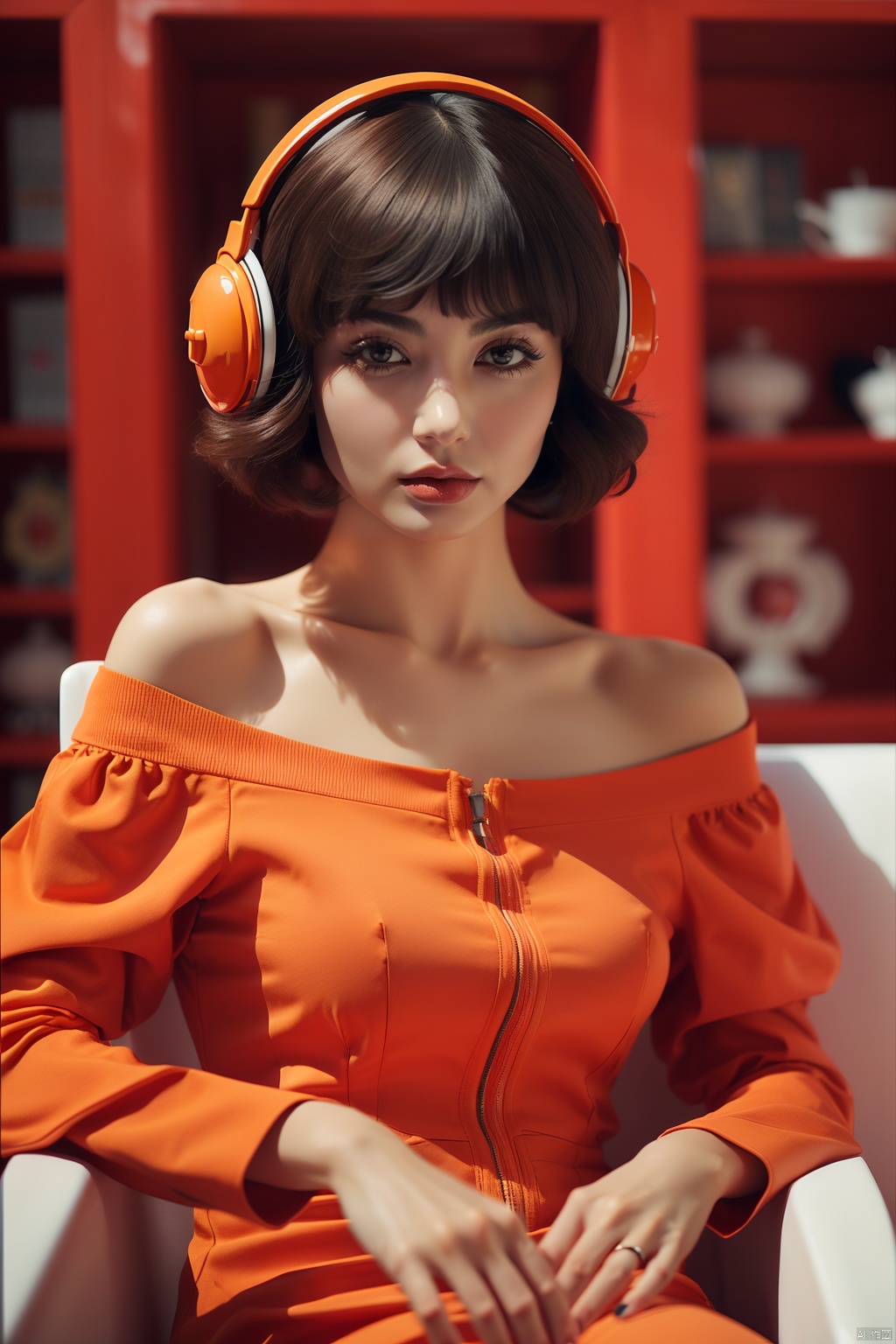 A Chinese girl, black hair, weilaishi, sit, glass, orange, Short hair, Off Shoulder, close-up,<lora:EMS-252619-EMS:0.700000>,<lora:EMS-5907-EMS:0.300000>