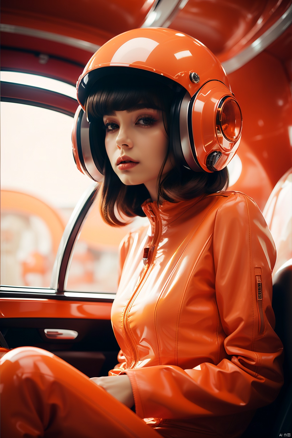 A Chinese girl with black hair, weilaishi, glass,  Short hair, helmet, sit, low angle, Orange Theme, Soft lighting,  Detail,<lora:EMS-252619-EMS:0.700000>,<lora:EMS-5907-EMS:0.400000>