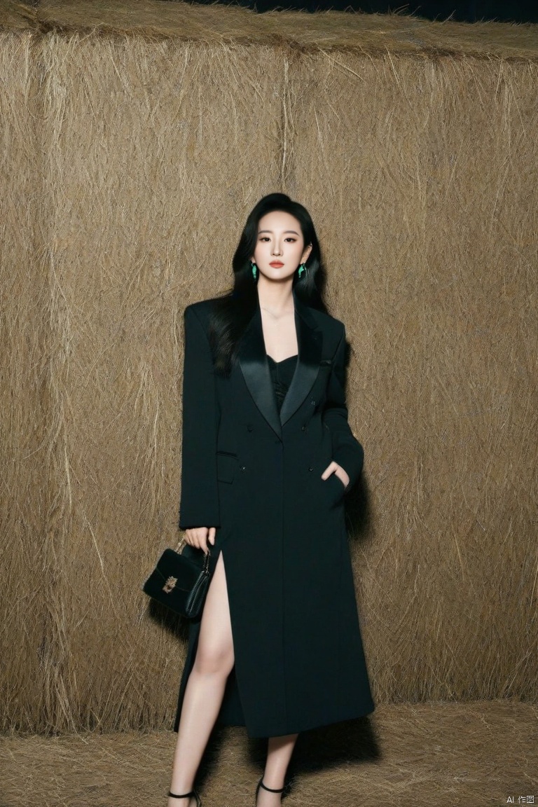 lui yifei with long black hair wearing green earrings and a fur coat with a black background and a black background, short hair, forehead, black hair, lui yifei in a suit and tie standing in a field of hay with a dark background and a black background, street, and a black and white jacket over her shoulders, lui yifei in a black dress and hat holding a purse and a purse bag standing in front of a wall, lui yifei in a short skirt and black top posing for a picture with her hands on her hips and her legs crossed