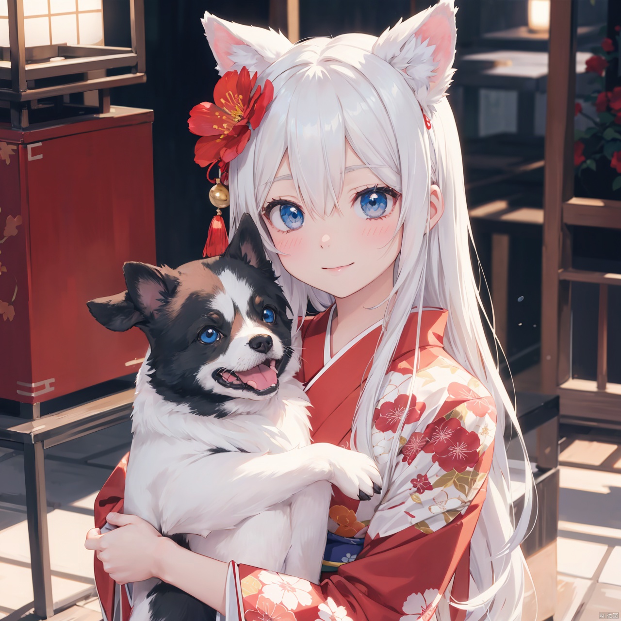  anime style,anime screen,1girl, long hair, blue eyes, hair ornament, flower, hair flower, animal ears, solo, looking at viewer, japanese clothes, smile, kimono, red flower, blush, upper body, hair between eyes, blurry background, animal, blurry, closed mouth, bangs, red kimono, white hair, long sleeves, print kimono, holding, dog, floral print, animal hug, chinese zodiac, depth of field, holding animal, wide sleeves, very long hair