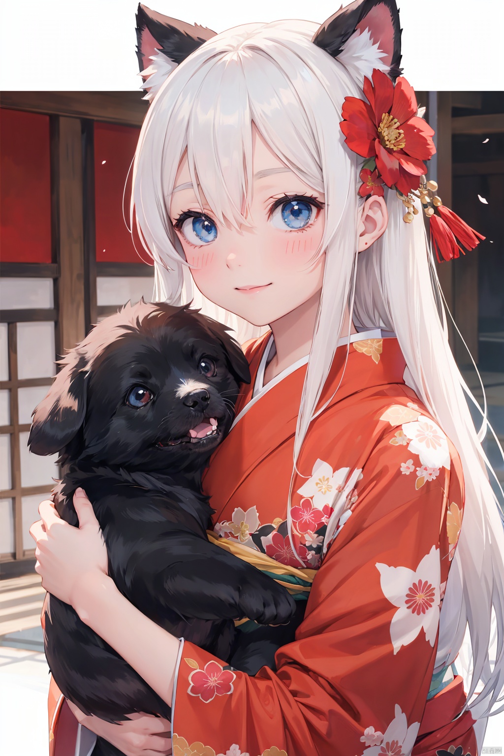 anime style,anime screen,1girl, long hair, blue eyes, hair ornament, flower, hair flower, animal ears, solo, looking at viewer, japanese clothes, smile, kimono, red flower, blush, upper body, hair between eyes, blurry background, animal, blurry, closed mouth, bangs, red kimono, white hair, long sleeves, print kimono, holding, dog, floral print, animal hug, chinese zodiac, depth of field, holding animal, wide sleeves, very long hair