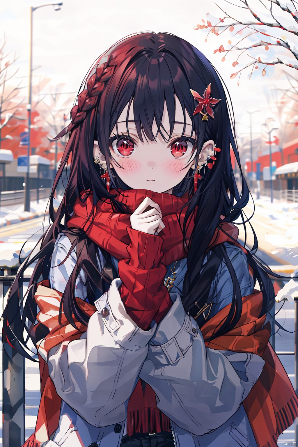  1girl, solo, long hair, blush, looking at viewer, black hair, outdoors, hair ornament, bangs, red scarf, blurry background, jewelry, earrings, blurry, long sleeves, scarf, jacket, braid, sleeves past wrists, hands up, closed mouth, open clothes, pink eyes, coat, upper body, day, red eyes, sweater, tree, railing,鏃�