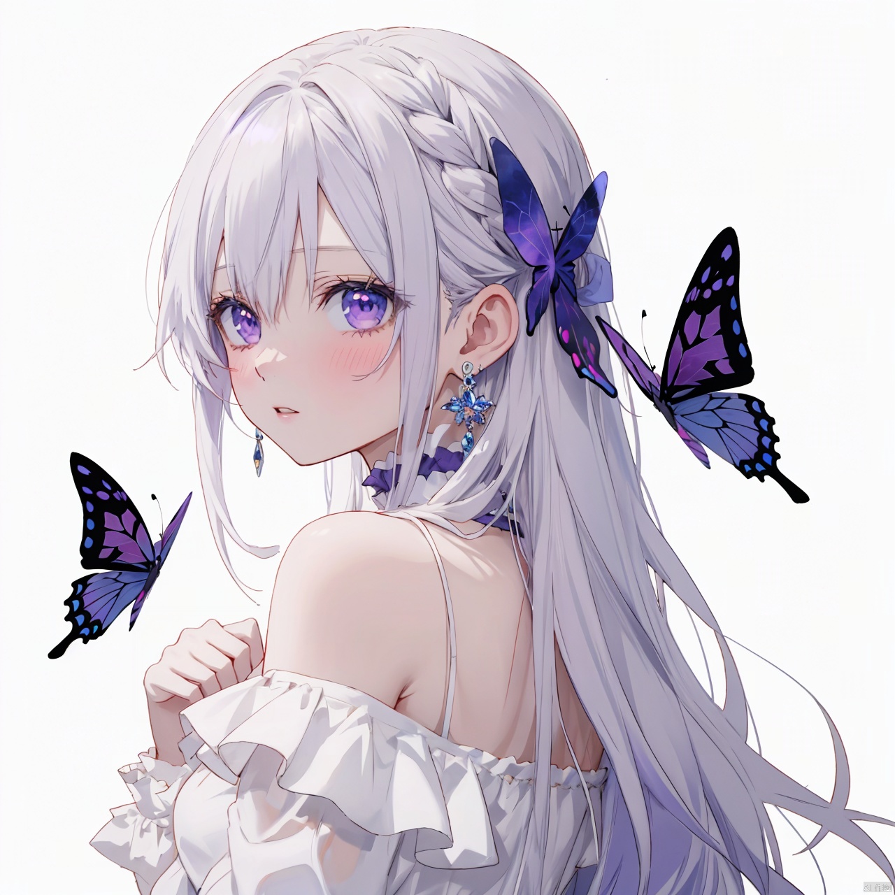  anime style,anime screen,1girl, solo, purple eyes, long hair, white background, looking at viewer, jewelry, simple background, earrings, blush, white hair, bangs, braid, upper body, bare shoulders, looking back, parted lips, off shoulder, hair ornament, ribbon, long sleeves, shirt, dress, hair ribbon, white shirt, frills,(butterfly)