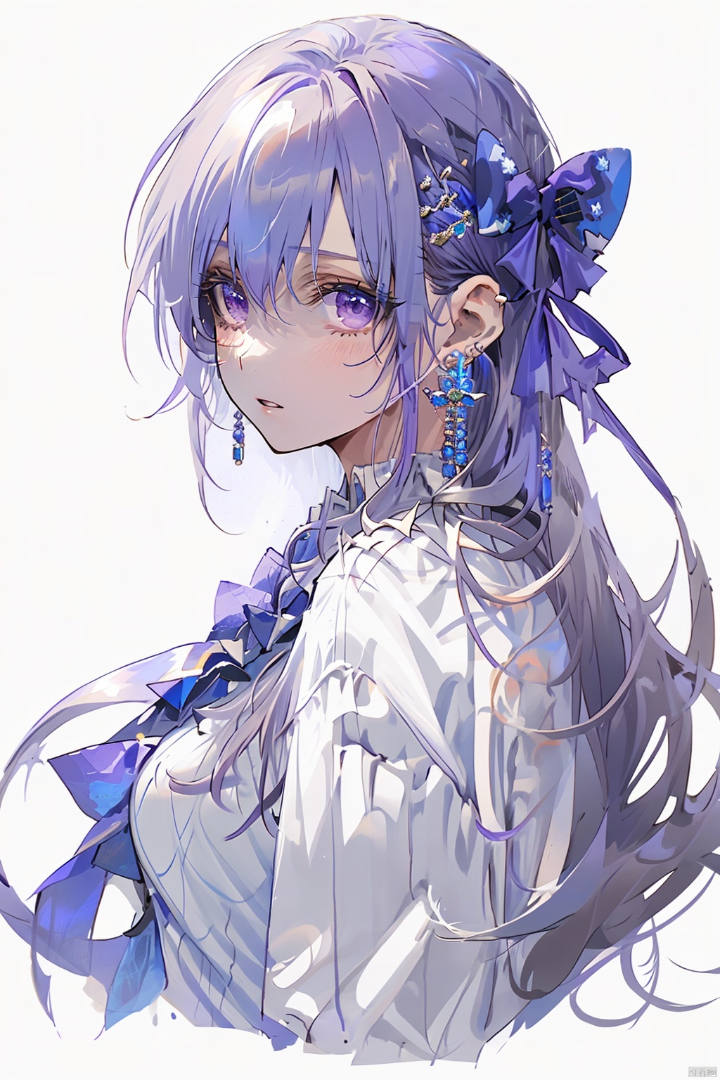 1girl, solo, purple eyes, long hair, looking at viewer, jewelry, earrings, bow, simple background, hair ornament, bangs, blush, hair between eyes, white background, purple bow, hair bow, upper body, shirt, long sleeves, white shirt, parted lips, white hair, breasts, hairclip