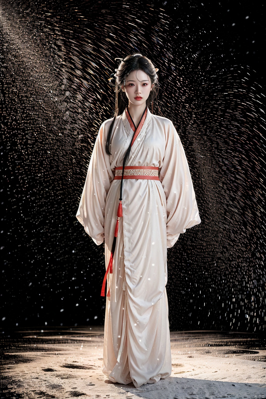 (1girl:1.3), (best quality, masterpiece, ultra high resolution),(photorealistic:1.3), (realistic:1.3), depth of field,(full body:1.2), (outdoors:1.2), (day:1.2), (cinematic lighting:1.2), snow, acient Chinese buildings, hanfu