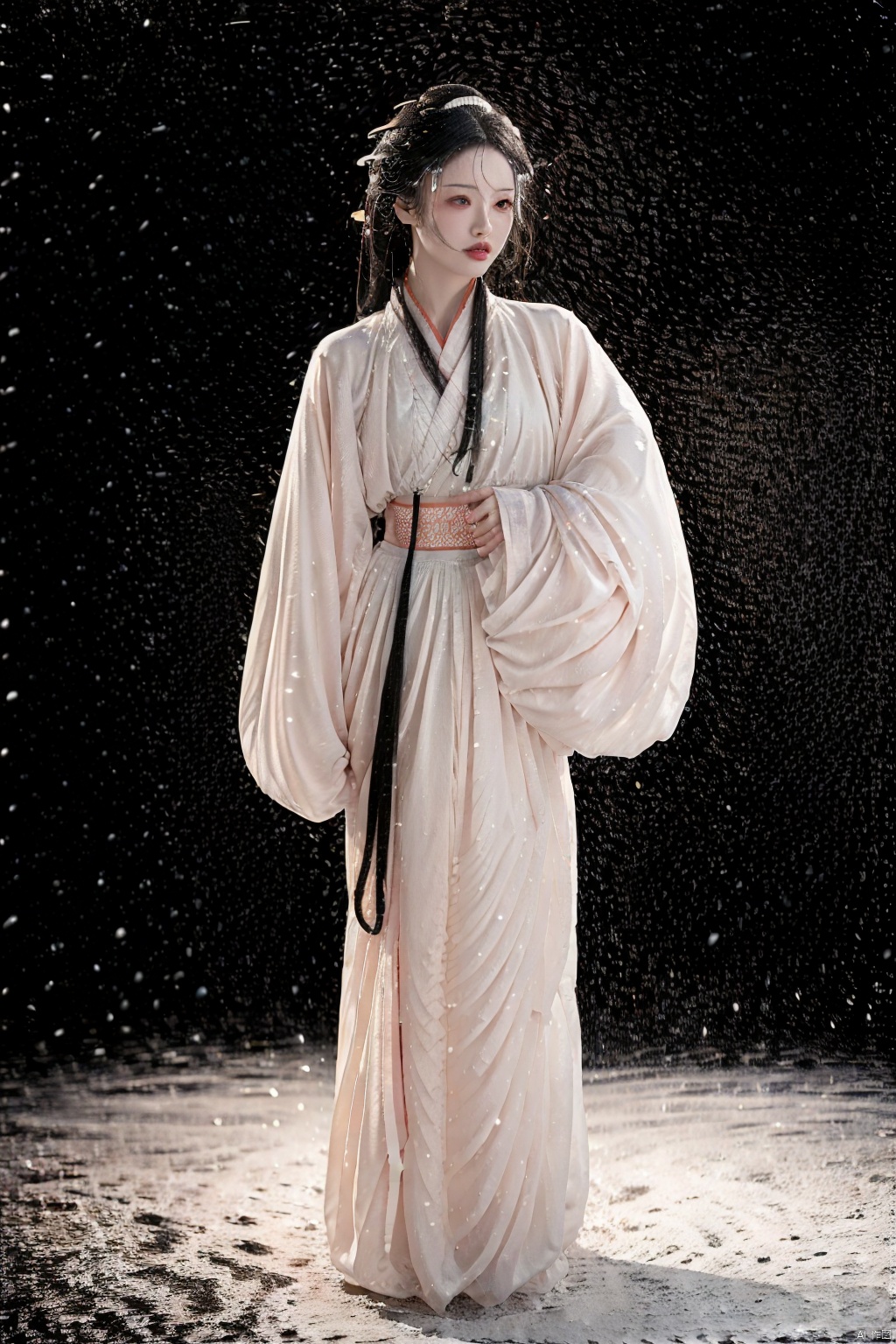 (1girl:1.3), (best quality, masterpiece, ultra high resolution),(photorealistic:1.3), (realistic:1.3), depth of field,(full body:1.2), (outdoors:1.2), (day:1.2), (cinematic lighting:1.2), snow, acient Chinese buildings, hanfu