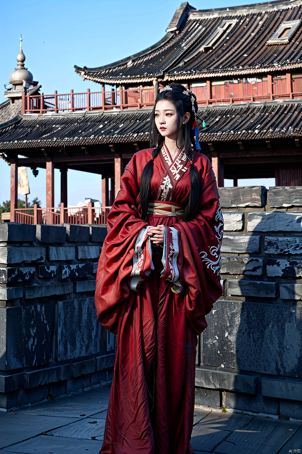 (1girl:1.3), (best quality, masterpiece, ultra high resolution),(photorealistic:1.3), (realistic:1.3), depth of field,(full body:1.2), (outdoors:1.2), (day:1.2), (cinematic lighting:1.2), seaside, shell, hanfu