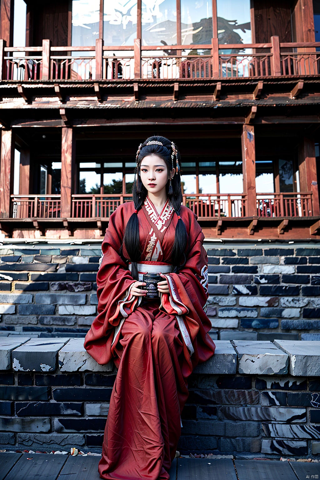(1girl:1.3), (best quality, masterpiece, ultra high resolution),(photorealistic:1.3), (realistic:1.3), depth of field,(full body:1.2), (outdoors:1.2), (day:1.2), (cinematic lighting:1.2), seaside, sitting, shell, hanfu