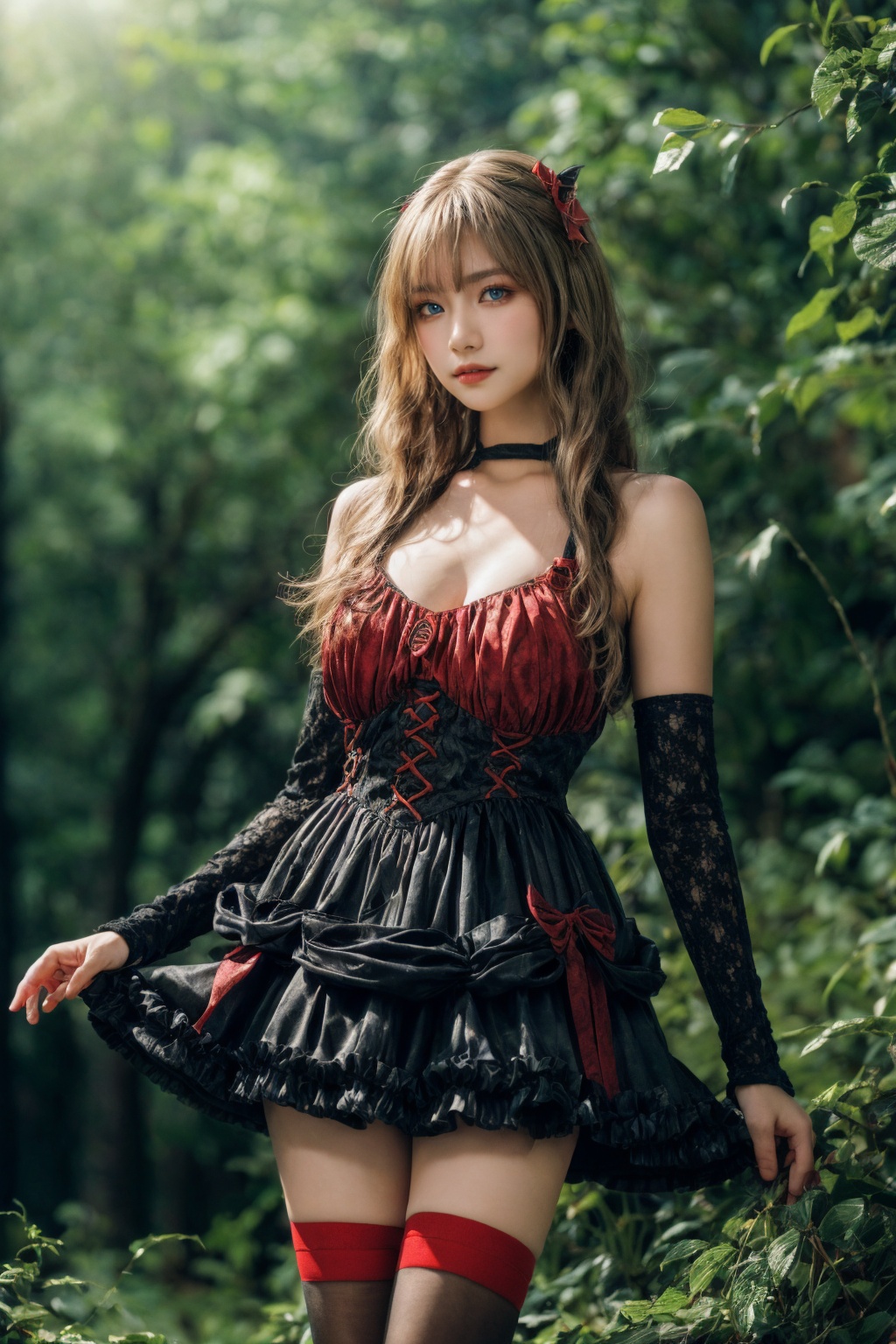 Ultra-realistic 8k CG,masterpiece,best quality,(photorealistic:1.4),HDR,absurdres,Professional,RAW photo,lens flare,(film grain:1.1),Bokeh,((Depth of field)),studio light,1girl,blue eyes,exquisite face,black_hair,long_hair,bangs,solo,best ratio four fingers and one thumb,upper body,Highly detailed,Professional,extreme detail description,<lora:add_more_details:0.4>,sunlight exposure,dress,detached sleeves,thighhighs,soft light,sunlight,looking at viewer,early morning serenity,(((forest background))),<lora:镜头光效v1:0.4>,small breast,<lora:玫瑰小恶魔1.0_V1-000018:0.8>,standing,