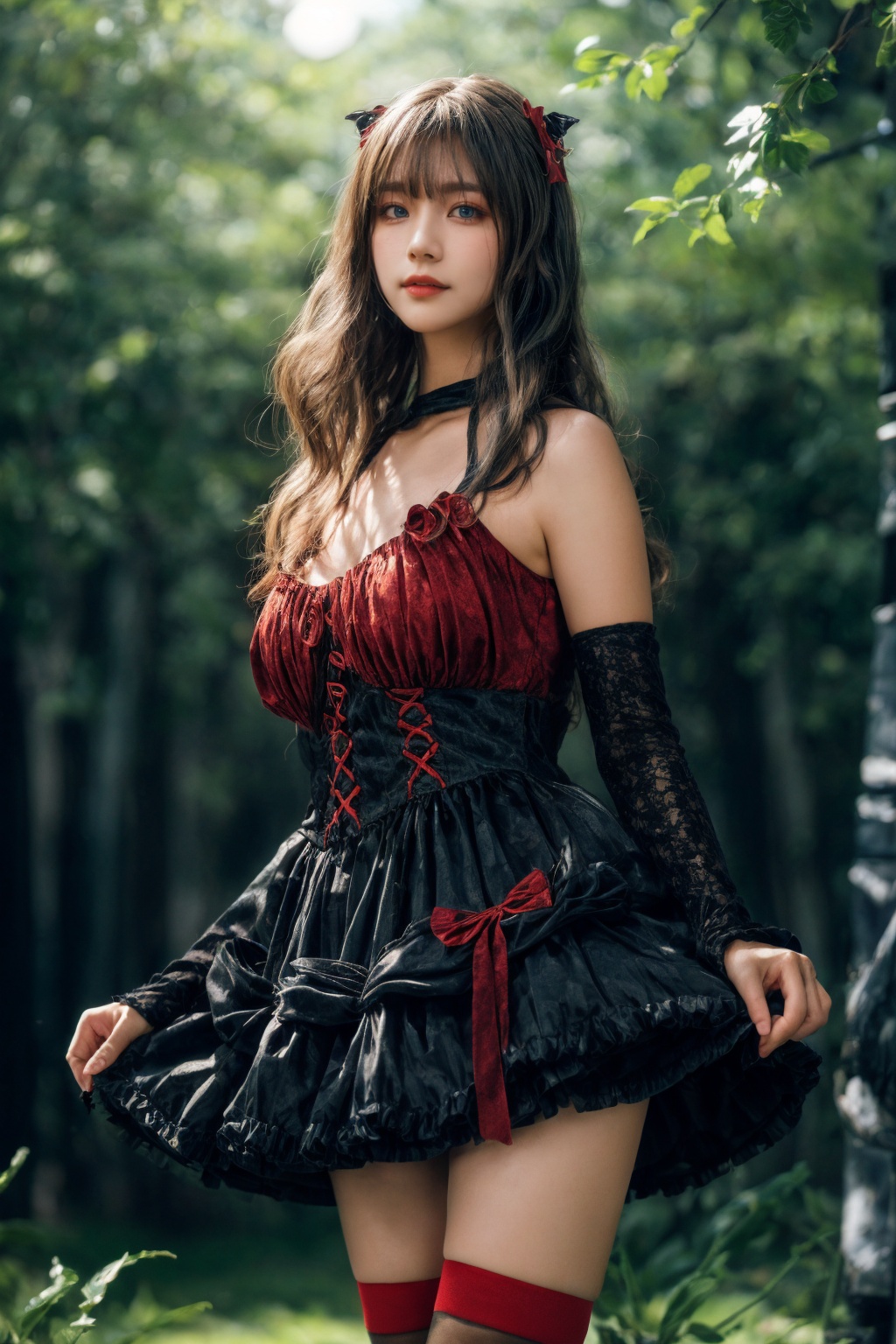 Ultra-realistic 8k CG,masterpiece,best quality,(photorealistic:1.4),HDR,absurdres,Professional,RAW photo,lens flare,(film grain:1.1),Bokeh,((Depth of field)),studio light,1girl,blue eyes,exquisite face,black_hair,long_hair,bangs,solo,best ratio four fingers and one thumb,upper body,Highly detailed,Professional,extreme detail description,<lora:add_more_details:0.4>,sunlight exposure,dress,detached sleeves,thighhighs,soft light,sunlight,looking at viewer,early morning serenity,(((forest background))),<lora:镜头光效v1:0.4>,small breast,<lora:玫瑰小恶魔1.0_V1-000018:0.8>,standing,