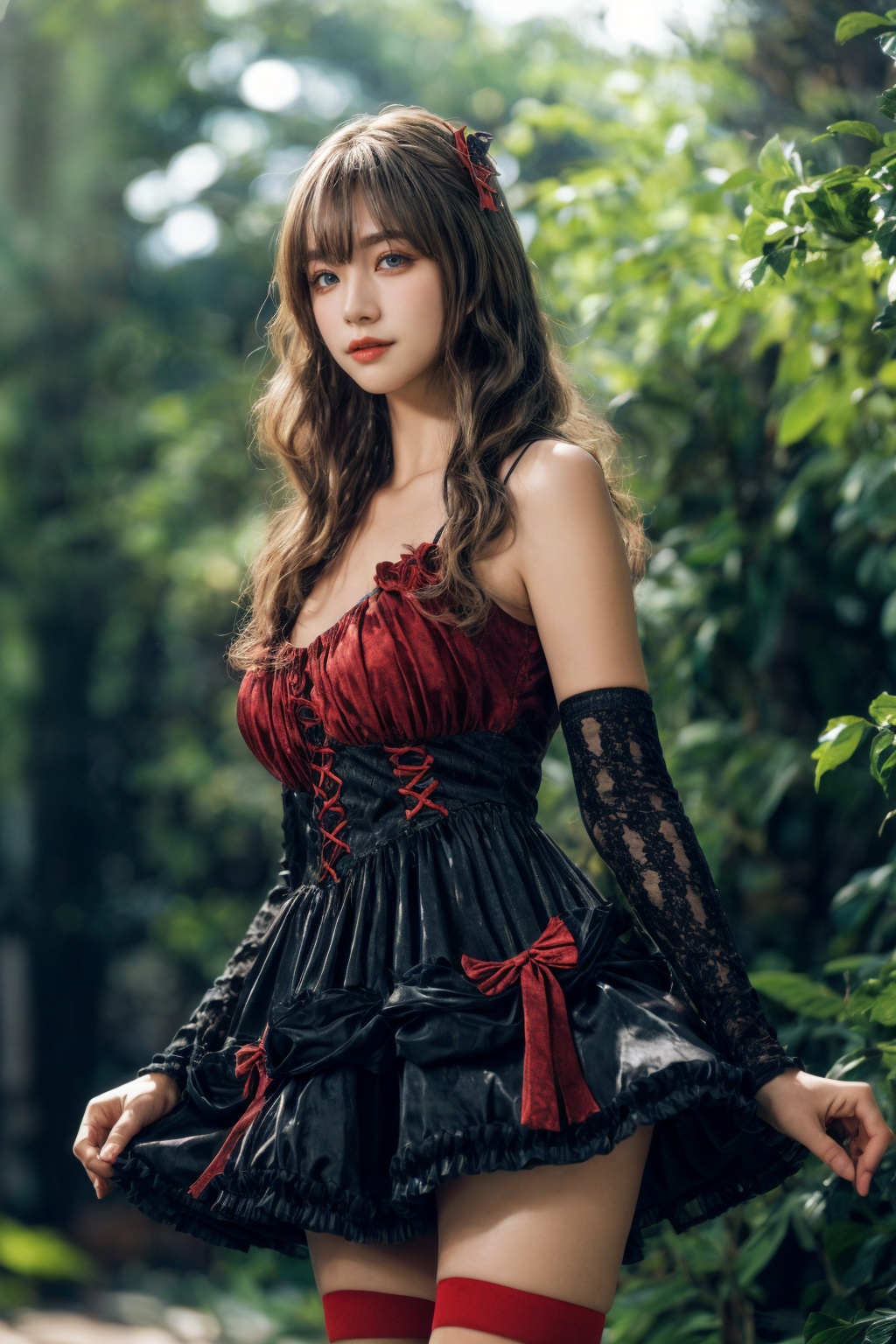 Ultra-realistic 8k CG,masterpiece,best quality,(photorealistic:1.4),HDR,absurdres,Professional,RAW photo,lens flare,(film grain:1.1),Bokeh,((Depth of field)),studio light,1girl,blue eyes,exquisite face,black_hair,long_hair,bangs,solo,best ratio four fingers and one thumb,upper body,Highly detailed,Professional,extreme detail description,<lora:add_more_details:0.4>,sunlight exposure,dress,detached sleeves,thighhighs,soft light,sunlight,looking at viewer,early morning serenity,(((forest background))),<lora:镜头光效v1:0.4>,small breast,<lora:玫瑰小恶魔1.0_V1-000018:0.8>,standing,
