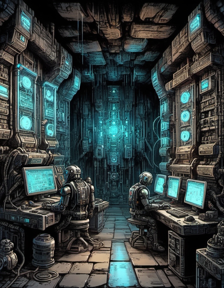a cyberpunk base in the Ellora Caves with silver-brass robots cybersteampunk technicians at glowing computer panels cables...