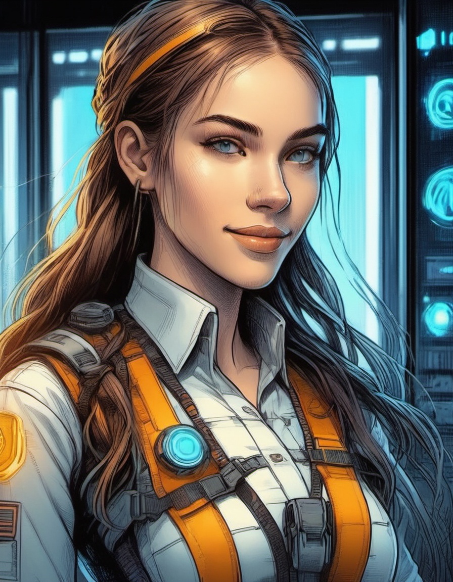 portrait of beautiful woman smile and honey-colored eyes long hair with braids overwatch design techwear look and clothes...