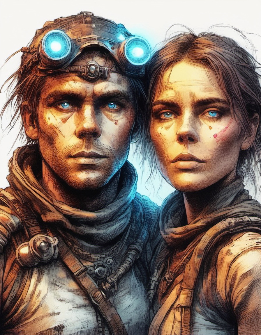bright closeup portrait of ***** mad max survivalist siblings with a white background high key lighting situation with col...