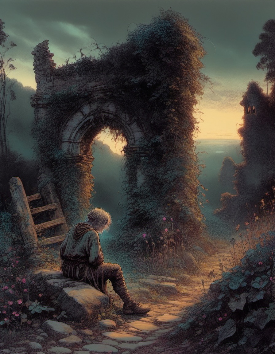 dusk luminous faerie realm landscape with a crouching figure in tattered faded clothes on the side of a broken overgrown p...