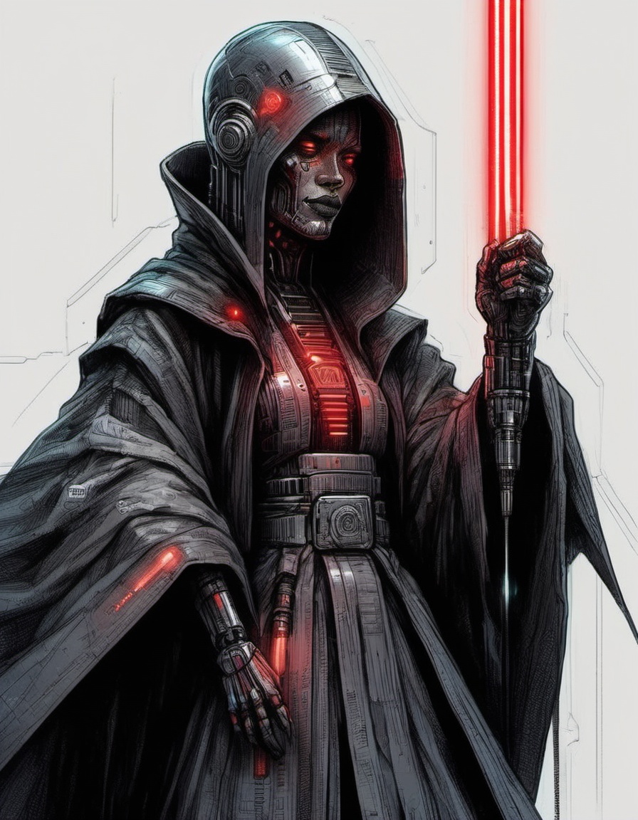 cyborg sith robe moody aesthetic by maciej kuciara black and color pencil and ink annotated illustration on Tensor.Art