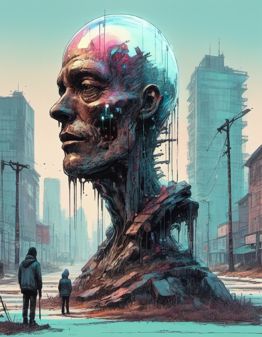 ink art of a crystal sculpture installation by Ismail Inceoglu of figures with half their heads missing and empty eye sock...