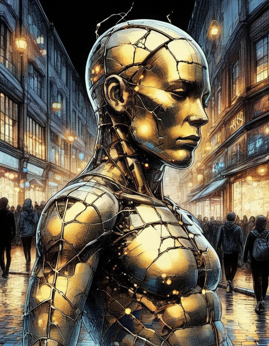 android made of reflective chrome and cracked white porcelain kintsugi gold repair lines beautiful lighting background bus...