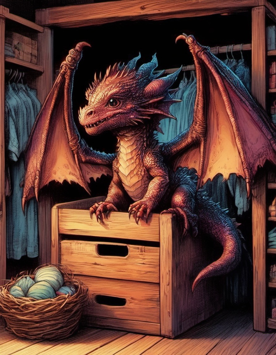 there's a real baby dragon in the closet at the bottom of a full clothes closet is a fierce cute baby dragon in a nest cin...