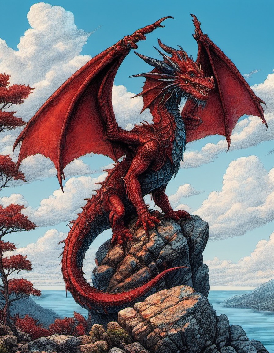 red dragon perched on a rocky cliffside with a tree blue sky with clouds on Tensor.Art
