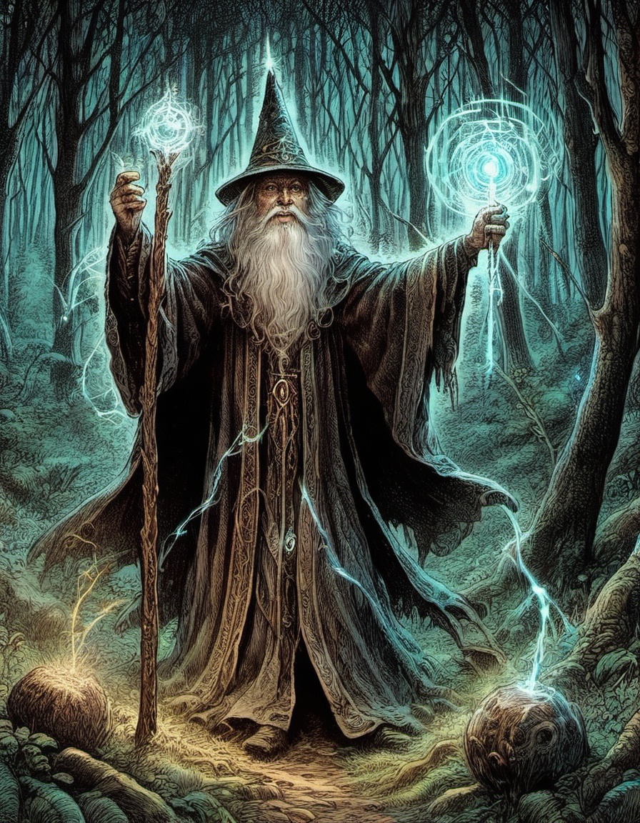 wizard in a forest clearing holding his crystal-topped staff aloft casting magic summoning a portal glowing magic trails l...